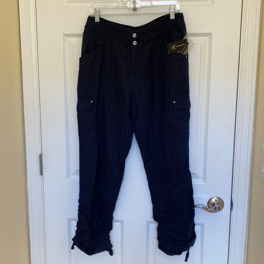 INC navy linen cargo adjustable length new pants